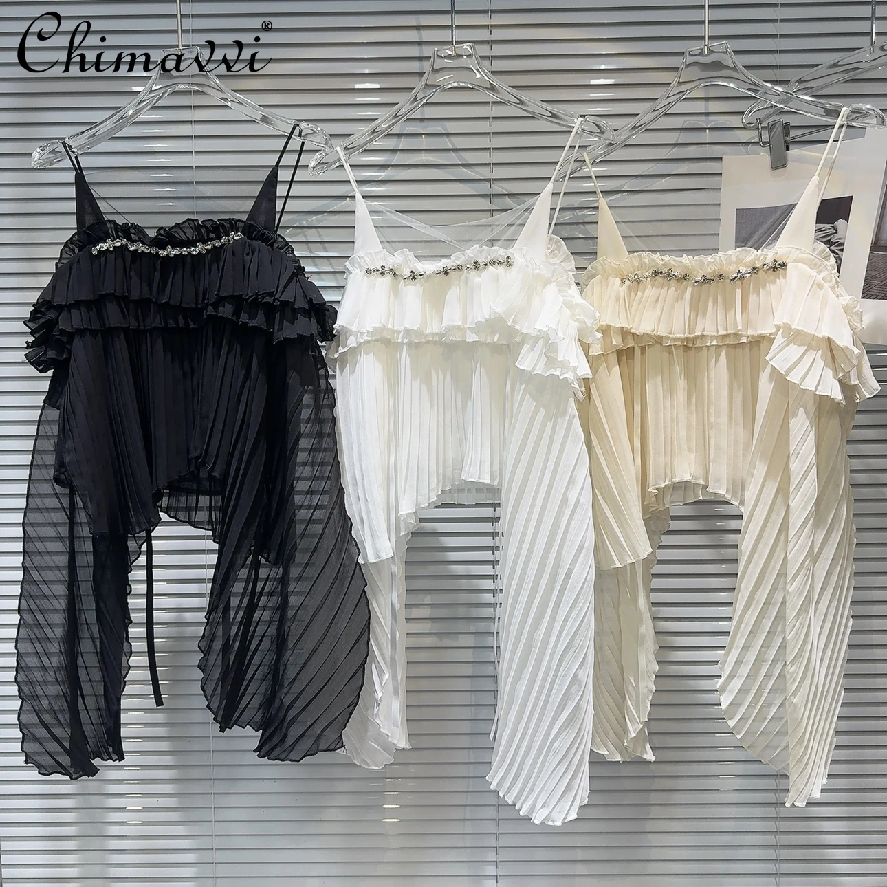 2024 Summer New French Fashion Rhinestone Off-Shoulder Pleated Strap Chiffon Shirt Loose Sweet Temperament Women's Blouse Top