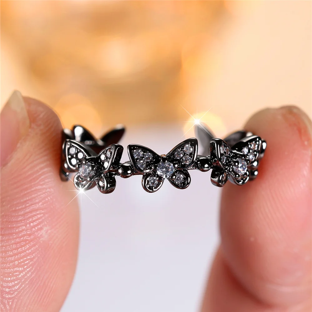 Charm Female Crystal White Butterfly Open Adjustable Ring Black Gold Color Vintage Zircon Stone Wedding Jewelry For Women