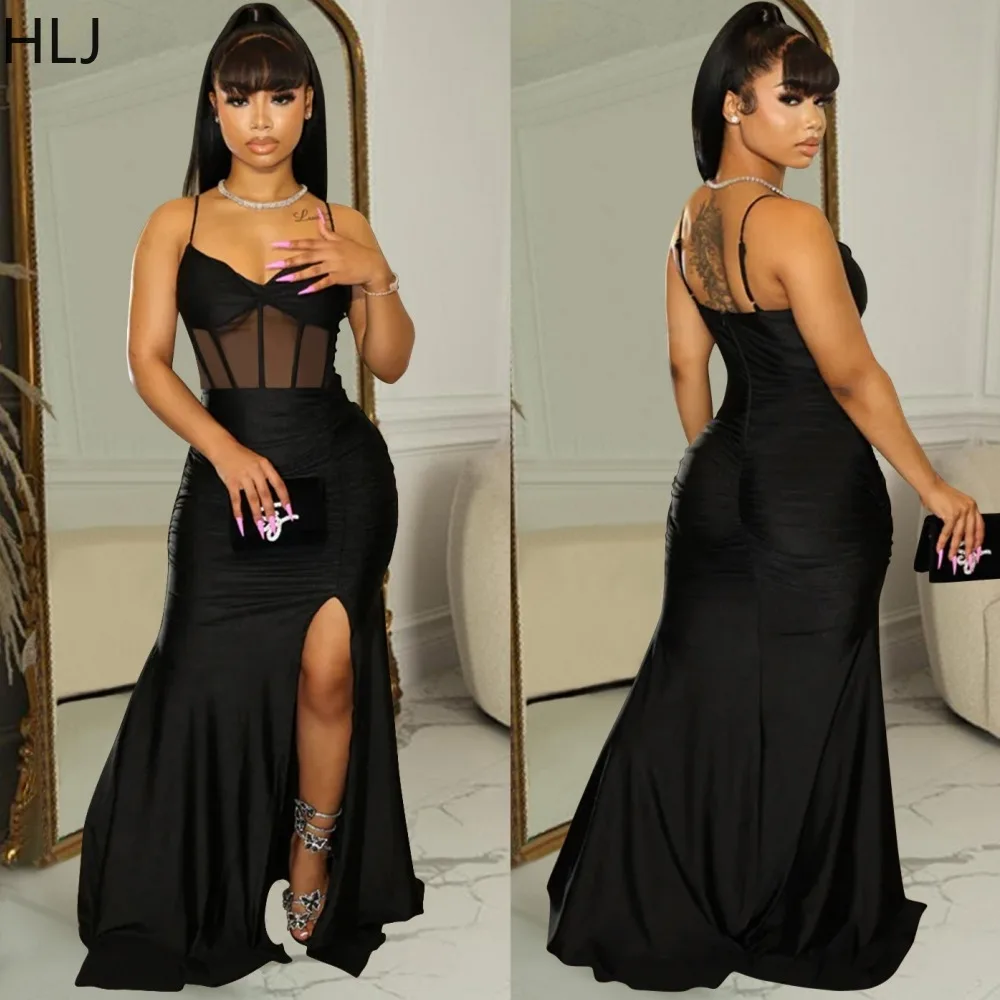 

HLJ Black Sexy Mesh Patchwork Perspective Evening Party Dress Women Strap Corset Ruched Slit Robe Vestidos Female Floor Dresses