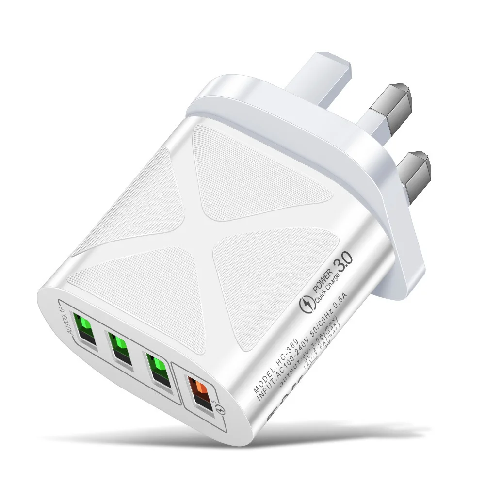 شاحن USB سريع 3.0 بأربعة منافذ، محول شحن سريع للهواتف الذكية مع قابس أوروبي/أمريكي/بريطاني/كوري، مناسب لأجهزة آيفون وسامسونج وشاومي وون بلس