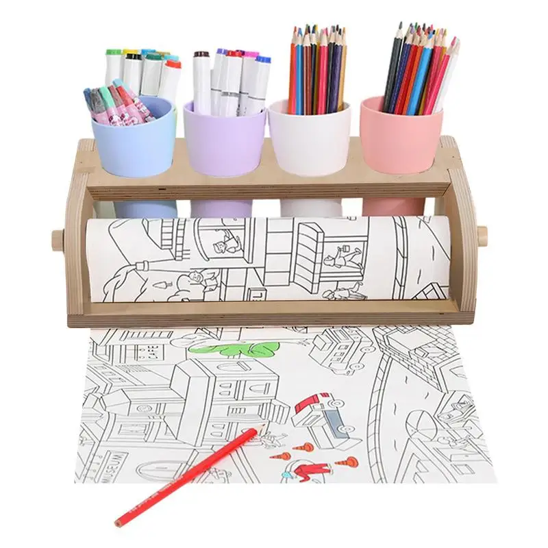 Wooden Holder Tabletop Paper Roll Dispenser 4 Hole Kids DIY Painting Drawing Tool Parchment Dispenser for DIY Art Painting
