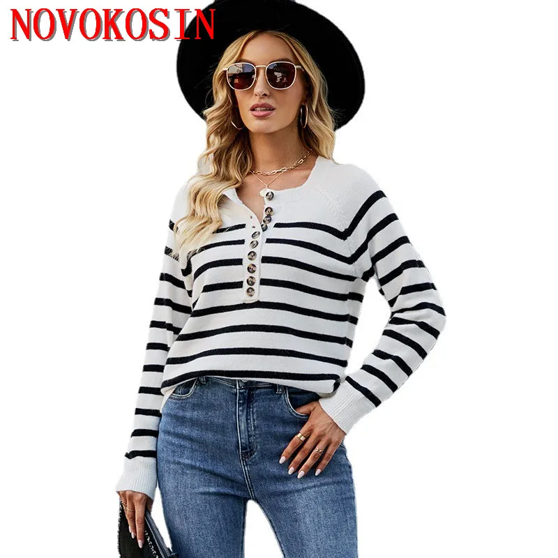 

S-XL 2023 Spring Women Long Sleeves Loose Autumn Knitted Striped Sweater Button O Neck Pullover Out Street Knitwear
