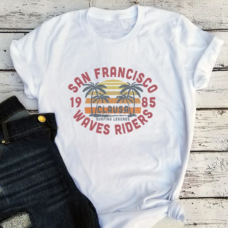 

San Francisco Beach Shirt Hawaii Vacation Vintage T-shirts for Women Surfing Tshirt Coconut Trees Beach Graphic Women Tops