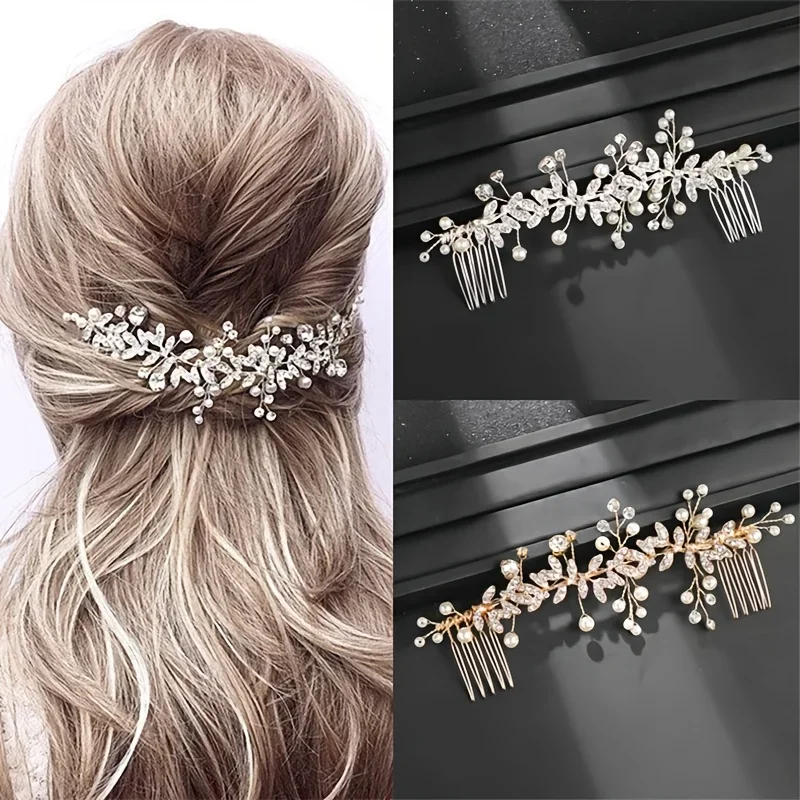 Crystal Pearl Hair Comb Clip Pin Rhinestone Leaf Hair Comb Headband Tiara for Women Bride Wedding Accessories Jewelry Bridal Hair Accessories Hair Accessories