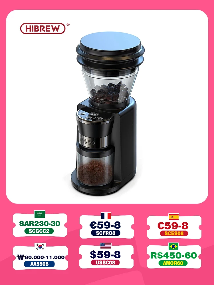 HiBREW-molinillo de café eléctrico automático con 34 engranajes para Espresso, molino de rebabas para café americano, almacenamiento Visual G3