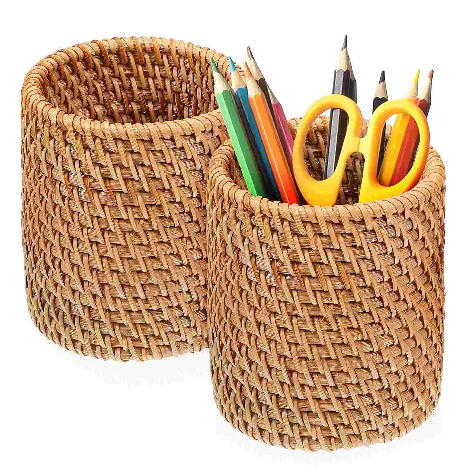 2pcs Pen Organizer Pencil Cup Holders Woven Pencil Pots Wooden Decorative Makeup Brush Organizers