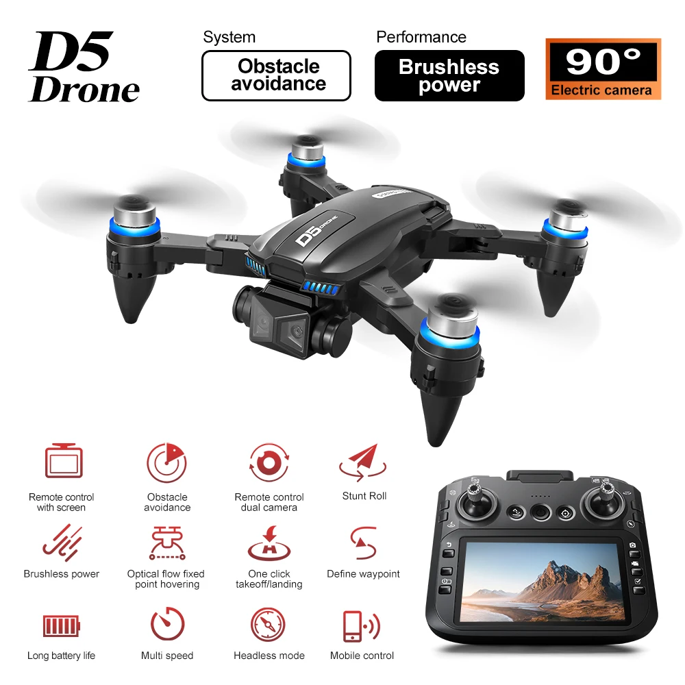 NEW D5 Drone 8K HD Dual Camera WIFI Professional Aerial Photography Brushless Obstacle Avoidance FPV Dron Quadcopter RC Toys UAV