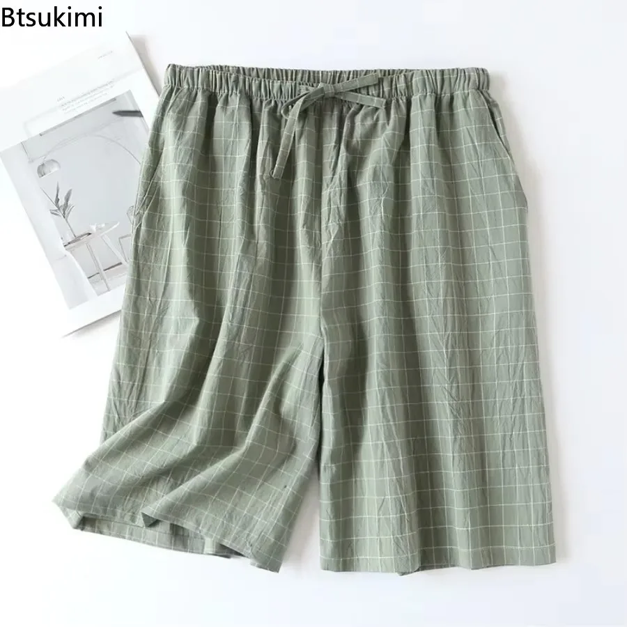 Mens Sleep Shorts Pajama Pants 2025 Men's Sleepwear Plaid Design Cotton Casual Loose Double-layer Home Bottoms