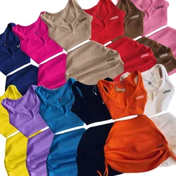 Summer Womens Short Skirt Set Sexy V-neck Short Top Drawstring Embroidered Short Dress Sports Brand Clothing