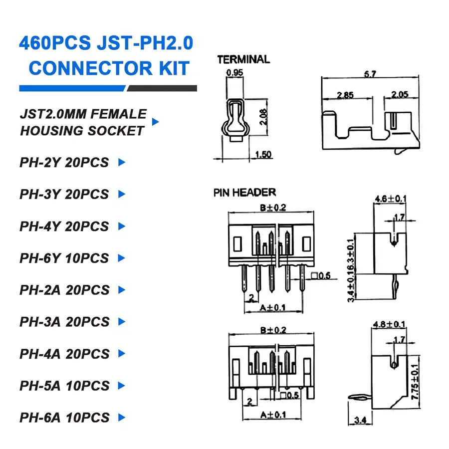 Détail des connecteurs PH2.0 et XH2.54 pour drones FPV micro, lot de 10