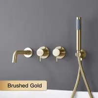 ก๊อกน้ำอ่างอาบน้ำแบบติดผนังสีทองขัดเงา พร้อมฝักบัวอาบน้ำแบบฝังตัวสีเทาปืน ทำจากทองแดงทั้งชิ้น สำหรับน้ำร้อนและน้ำเย็น ชุดฝักบัวอาบน้ำในห้องน้ำ 1