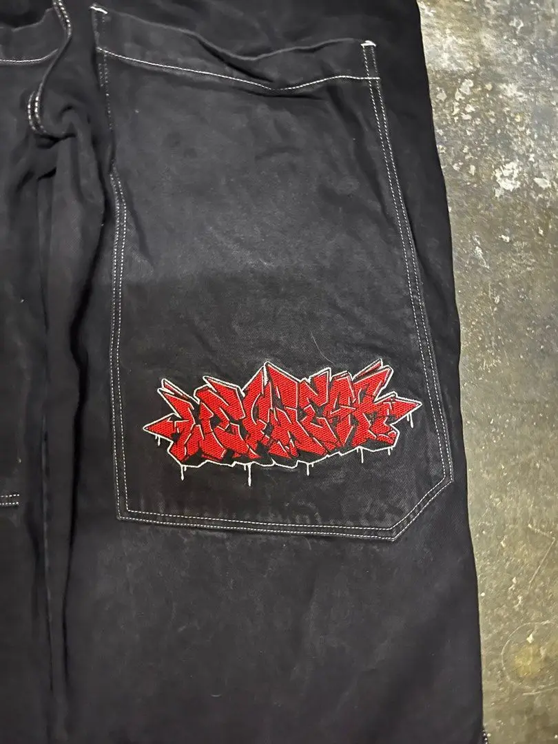 

Джинсы Y2K с большими карманами и широкими штанинами, уличные брюки в стиле хип-хоп, джинсы с вышивкой и надписью, Черные Мешковатые штаны в стиле Харадзюку для мужчин и женщин