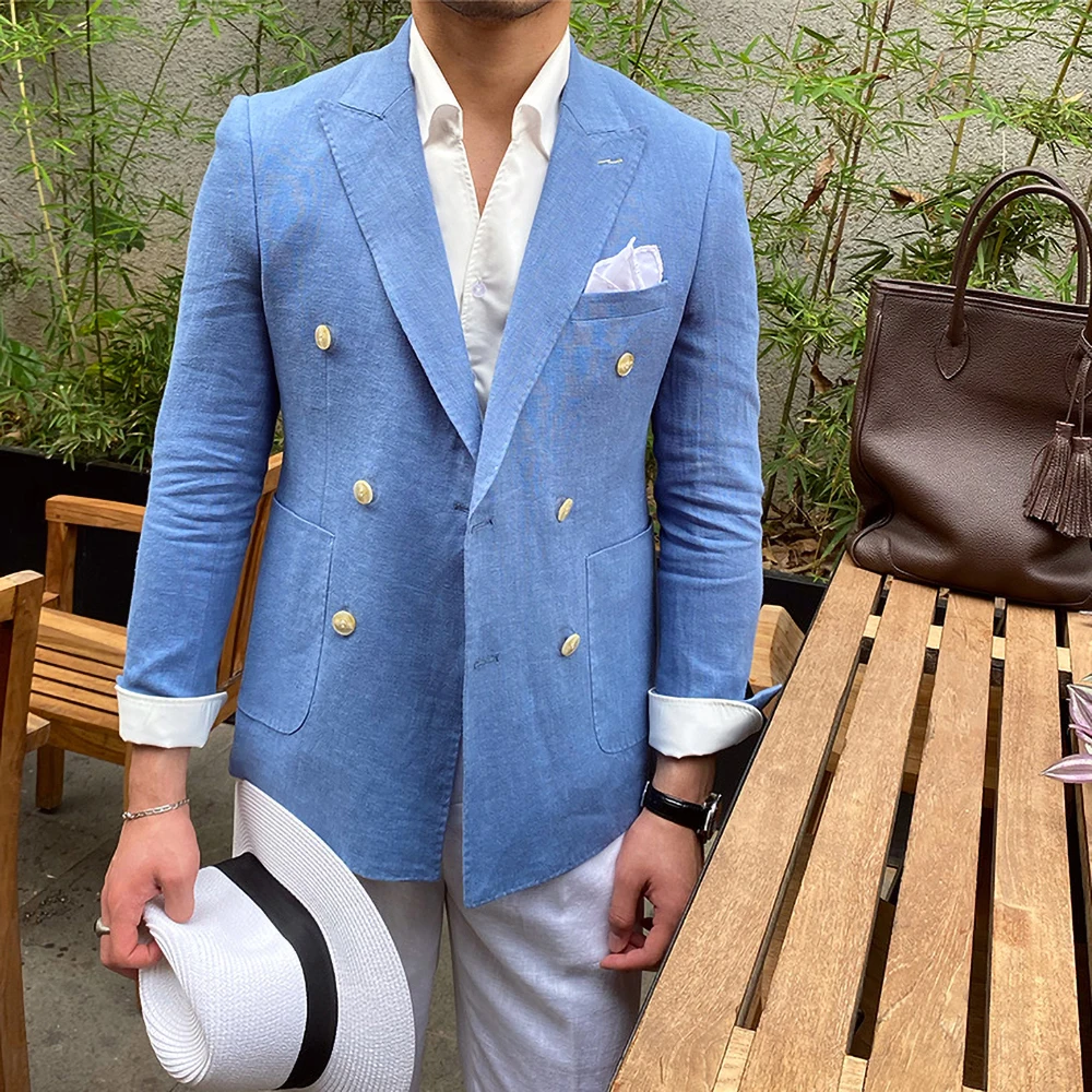 Linen Men Blazer Casual Double Breasted Suit Jacket