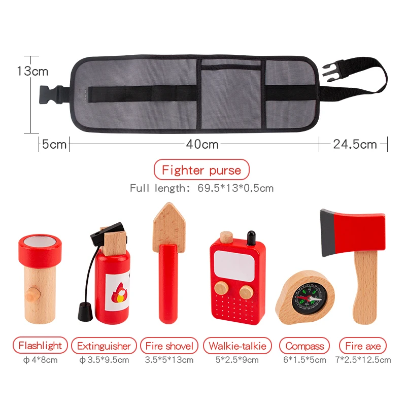 Children's Wooden Firefighter Tool Belt Pretend Play Set - Educational Role Play Toy