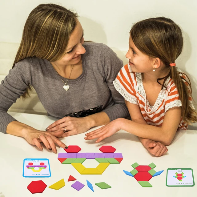 155 PCS Wooden Pattern Blocks Set, Geometric Shape Puzzle, Kindergarten Classic Educational Montessori Tangram Toys for Kids 6