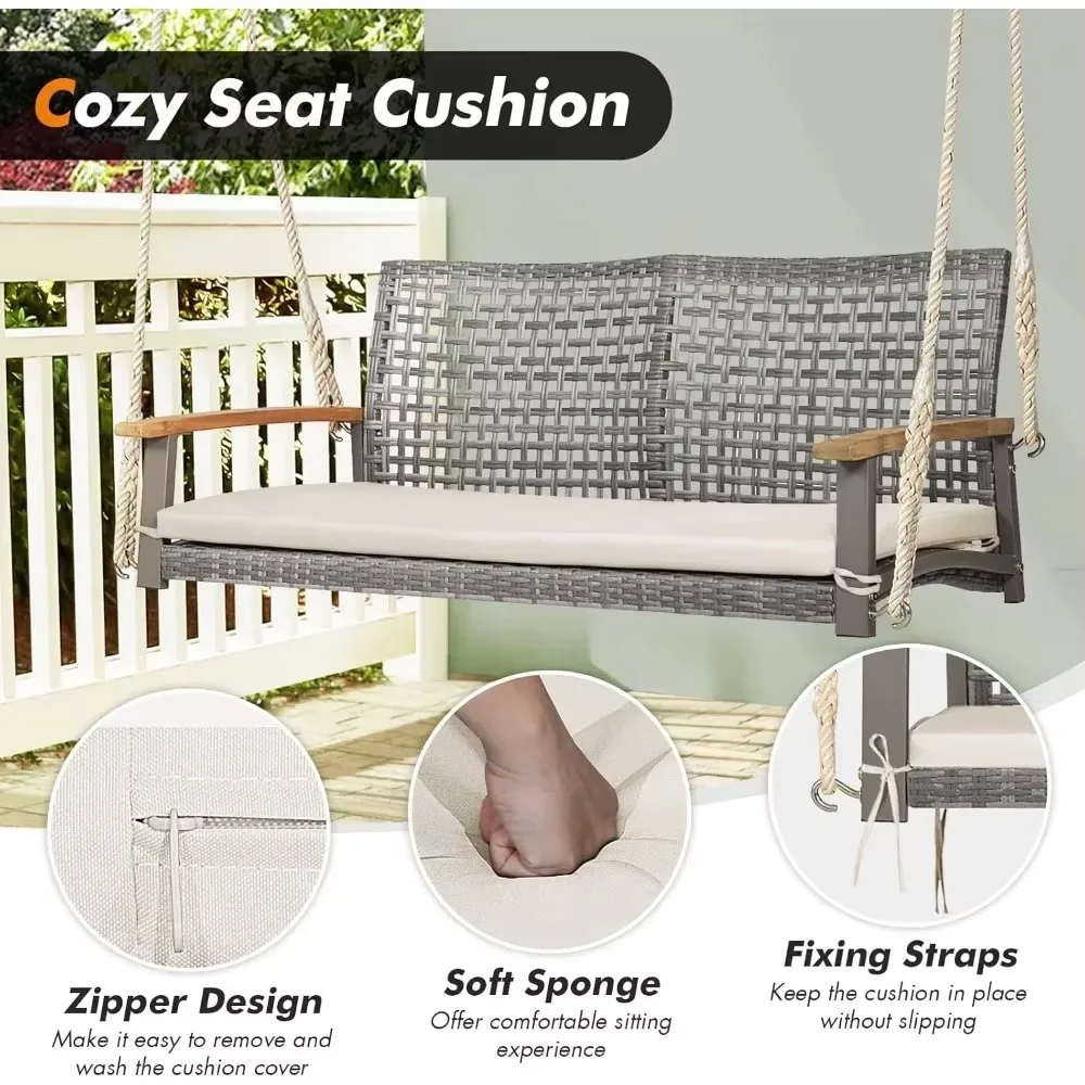 2-Person Patio Porch Swing Chair, Outdoor Rattan Swing Bench with Acacia Wood Armrests & Two 118” Hanging Ropes 5