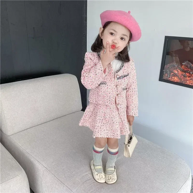 Girls Tweed Sets Clothes Kids Coat and Skirt Two Piece  Children's Boutique Clothing Suit Outfits Baby Toddler Costume Autumn - 6