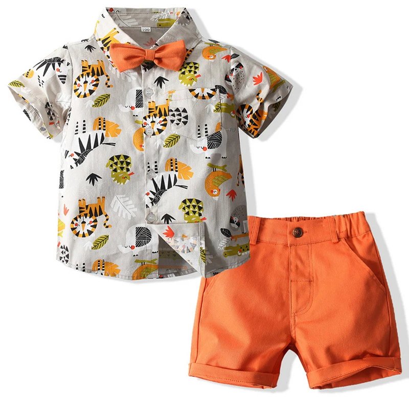 

Summer Kids Clothes Boy Korean Fashion Gentleman Suit Cartoon Short Sleeve Cotton Baby Tops+Shorts+Tie Clothing Sets BC2424-1