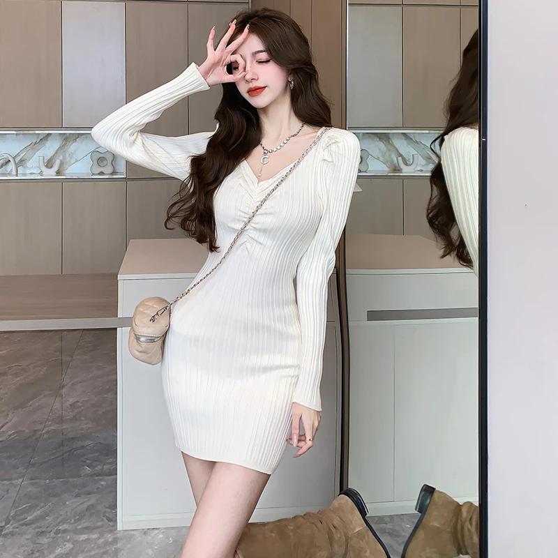 

New Autumn Elegant V-Neck Folds Long Sleeve Knit Mini Dress Girls Sheath Bodycon Sweater Pullover Dresses Winter Above Knee