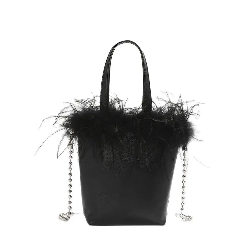 

Textured Leather Ostrich Feather Bucket Bag Women's Handbag Lady Purse Tote Bag Shoulder Messenger Chian Bag Female Armpit Bag