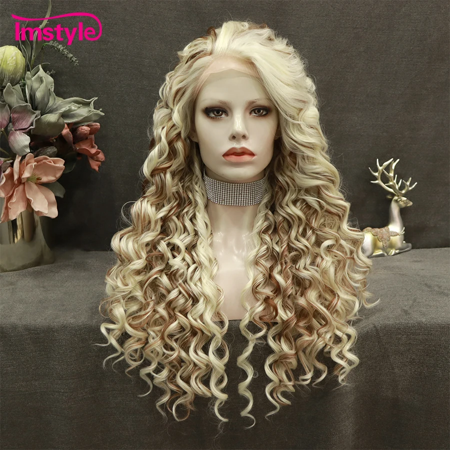 

Imstyle Blonde Highlight Brown Wig Curly Synthetic Lace Front Wig Long Lace Wig Heat Resistant Daily Cosplay Wigs For Women