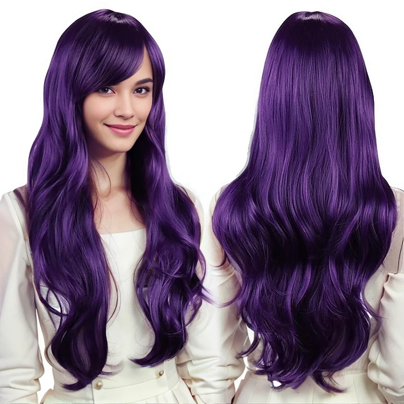 Synthetic Hair Wigs 28 inch colored anime long straight slanted bangs