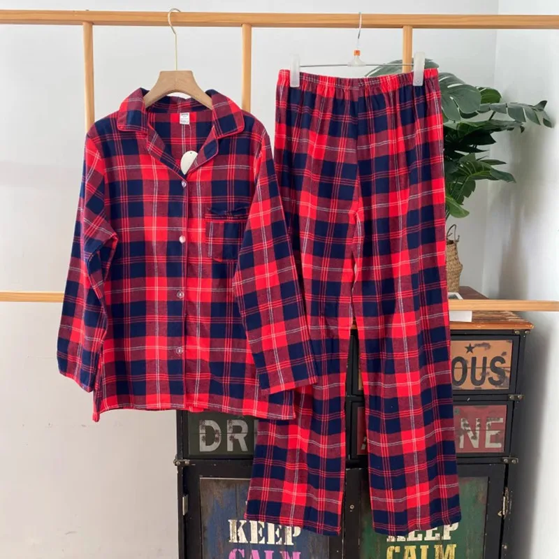 Autumn Long Sleeves Pajamas For Women Knitted Cotton Plaid Pajama Set Breathable Comfortable