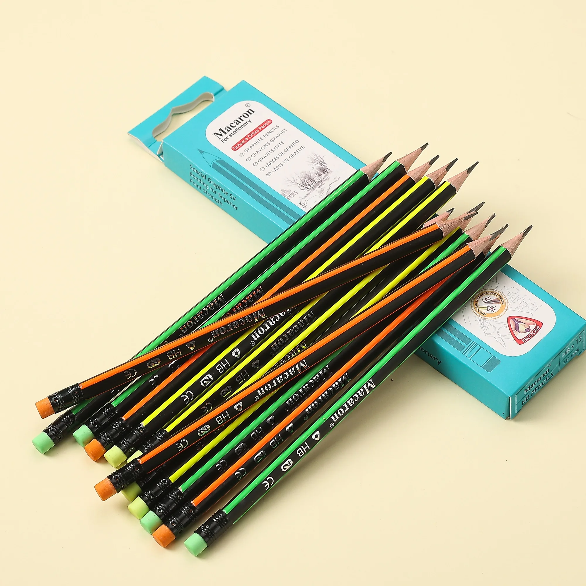 12pcs Box Wooden Lead Pencils with Top Eraser Triangle Comfortable Grip HB Pencil for School Office Writing Supplies Stationery 5