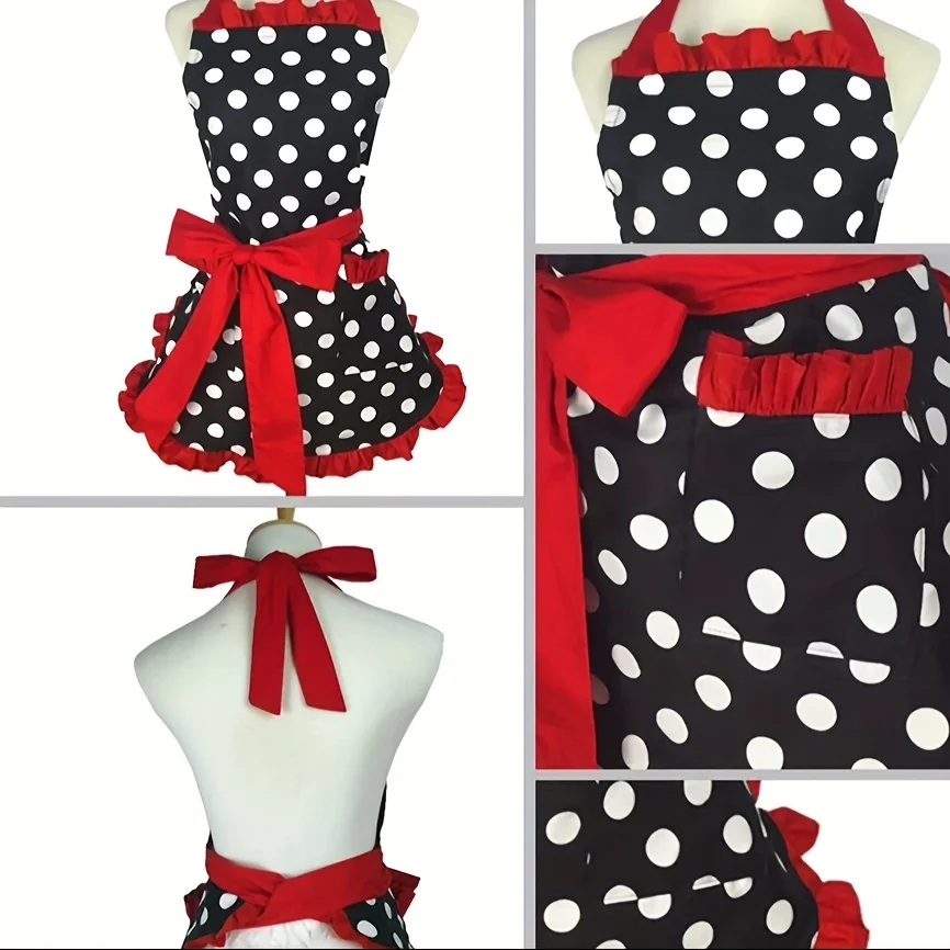 Women's Cotton Polka Dot Apron, Korean Style, Adult Home Daily Kitchen Red Waist Cover for Women