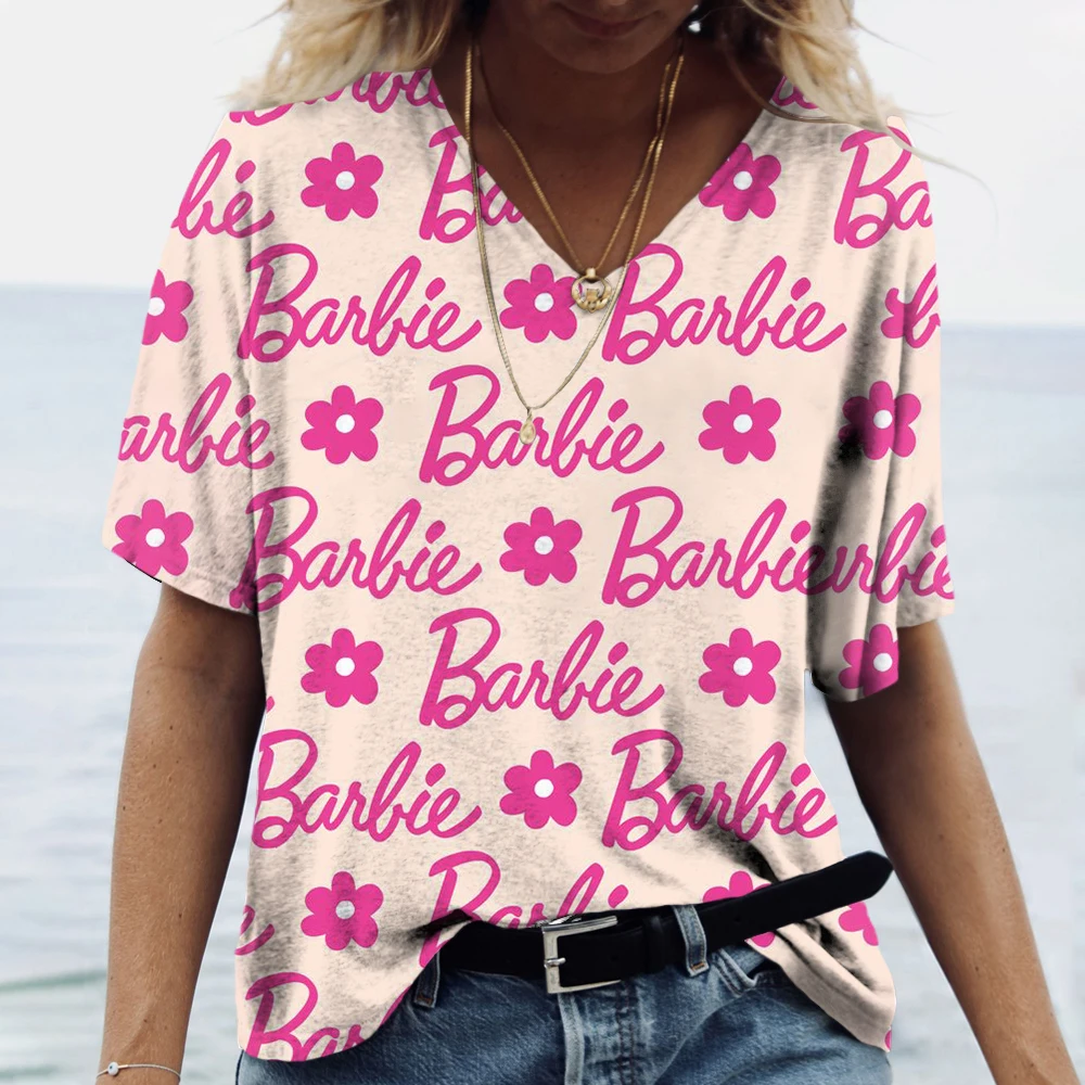 

Fashion Woman Blouses 2024 T-shirt Women's 3d Barbie Print Pink Kawaii V-neck T Shirt Female Clothing Oversized Summer Tops Tee