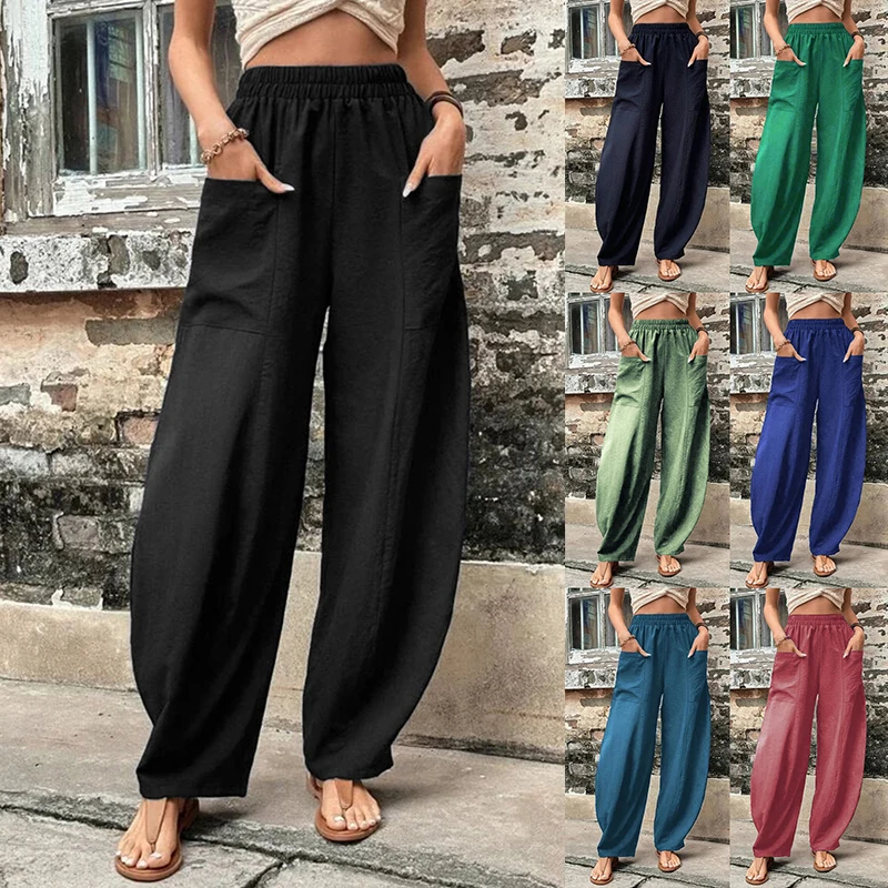 

S-5XL 11Colors Loose Wide Leg Elastic Waist Pants With Pockets Casual Women Daily Sports Yoga Shopping Travel Harem Trousers