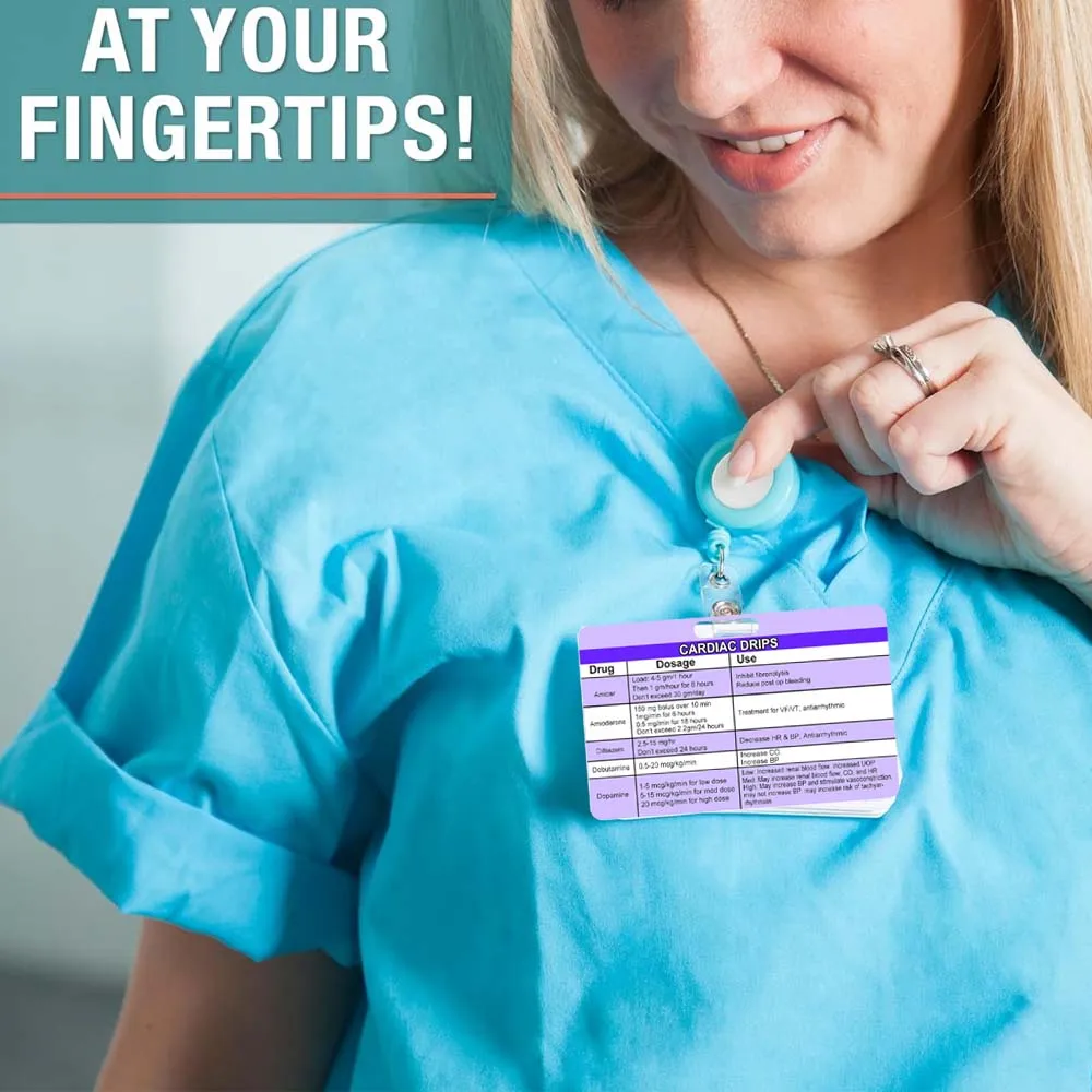 Cardiac Drips Reference Horizontal Badge Card 2x3inch Cardiac Badge Card Emergency Nurse Reference for Practice