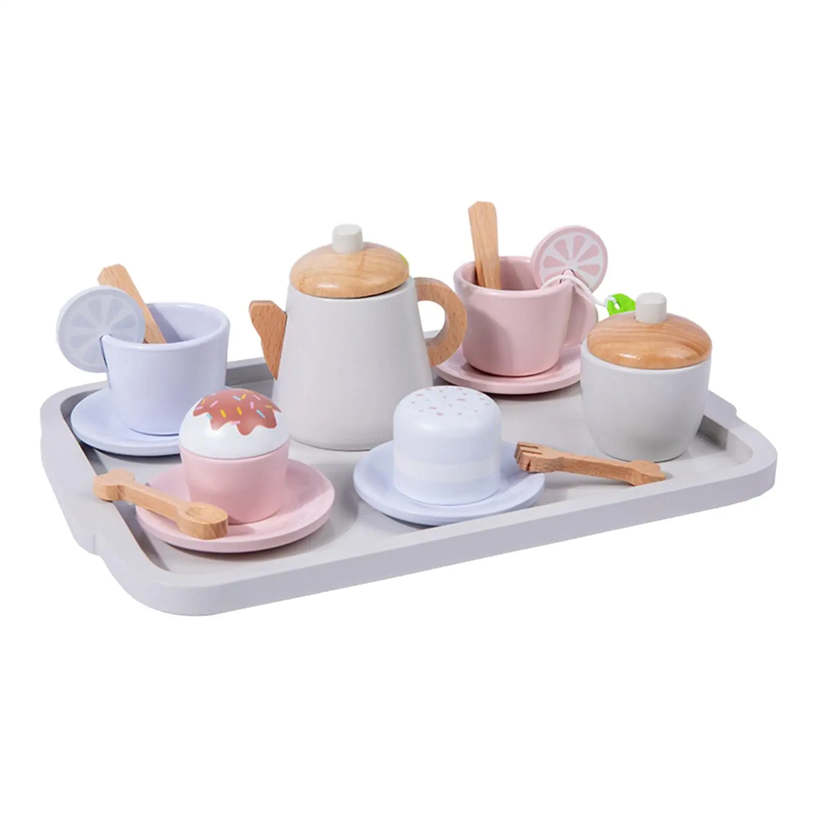 Toddlers Tea Set Pretend Play Toy Teapot Cups Tray Simulation Wooden Tea Set Princess Tea Time Toys Playset for Age 3 4 5 6 Kids