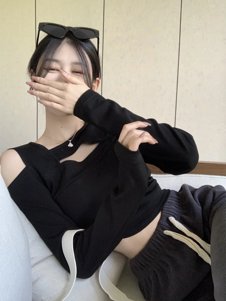 Y2K 長袖 オフショルダー カットソー スリムフィット 可愛い 女性のセクシーなオフショルダートップス Y2K Tシャツスリム