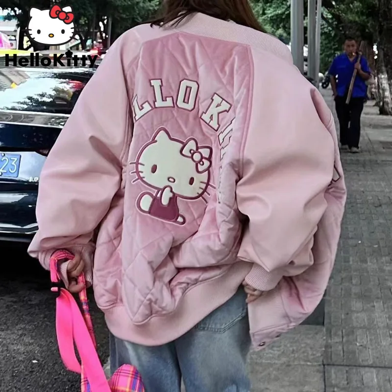 

Sanrio Cute Baseball Uniform Women Hello Kitty Embroidery Jacket Winter New Girls Cardigan Coat Y2k Preppy Thickened Clothing