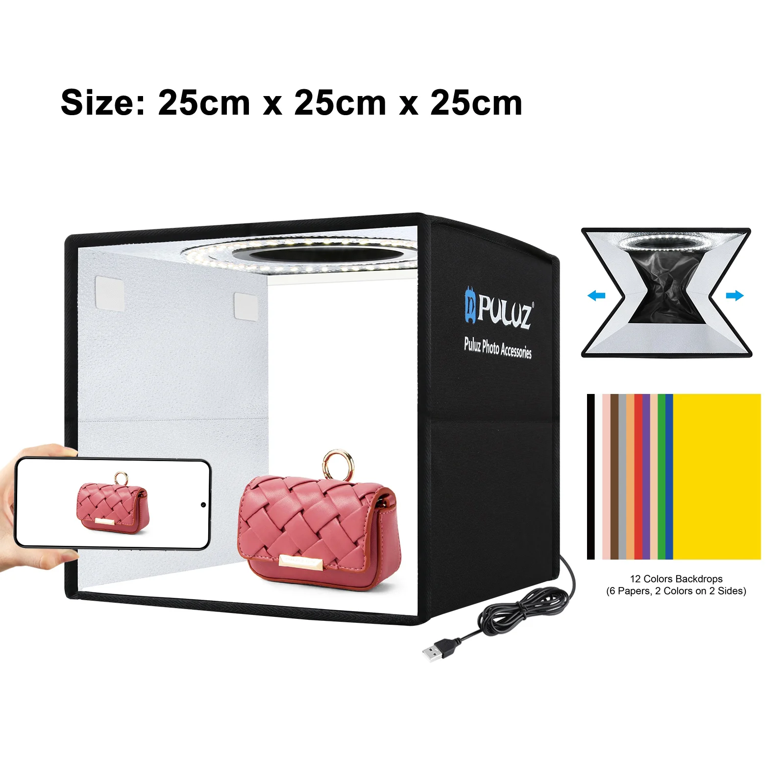 PULUZ 25cm Folding Portable High 97 CRI Ring Light Photo Lighting Studio Shooting Tent Box with 12 Colors Backdrops Photography
