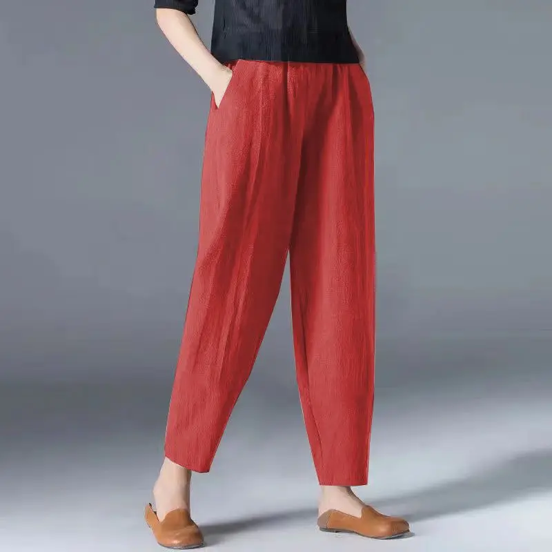 

Summer Casual Pants for Women Solid Color Retro Art Elastic Waist Wide Leg Pants Loose Thin Breathable Comfort Woman Trousers