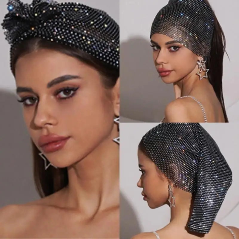 

X5QE Women Turban Head Wrap with Full Rhinestones Nightclub Turban Headband