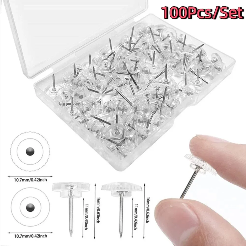 100Pcs DIY 투명 푸시 핀 재사용 가능한 크리 에이 티브 라운드 헤드 네일 박스 포함 다기능 보드 압정 학교 문구