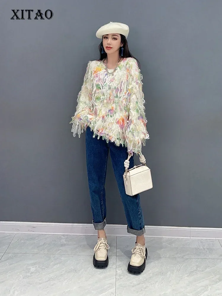 

XITAO Irregular Dyeing Sweater Knitting Tassel Long Sleeve Women Simplicity O-neck Collar Pullover Top 2023 Winter New DMJ3406
