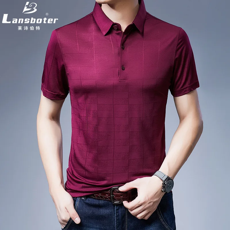 

Summer New Mulberry Silk Men's T-shirt Short-sleeved Men's Lapel Burgundy T-shirt Plaid Mulberry Silk Breathable Cool T-shirt