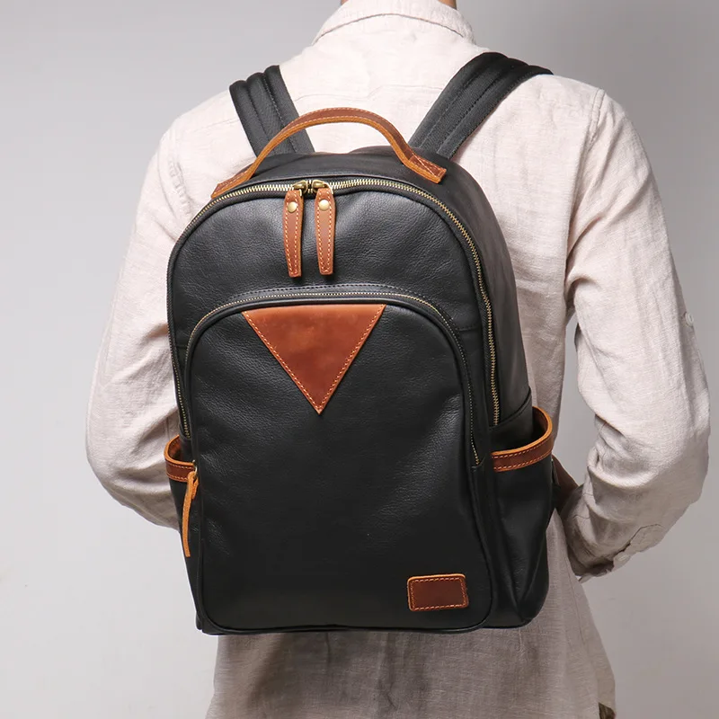Men's Soft Genuine Leather Backpack Large Capacity Laptop Bag for Commute & Travel, Durable Two-Tone Casual Daypack