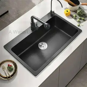 หินแกรนิตห้องครัวที่ทันสมัยอ่างล้างจานสีดำปรับปรุงบ้านรายการครัวบ้านอ่างล้างจานบาร์ครัวพร้อมอุปกรณ์ท่อระบายน้ำ 1