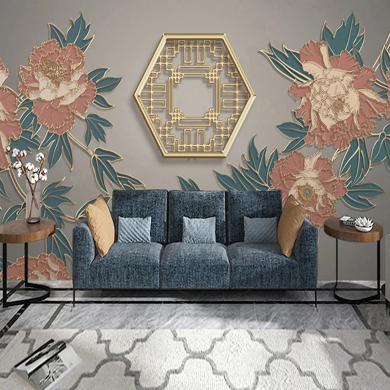 Peony Flower Pattern Wallpaper Custom Art Decor Murals New Chinese Style Window Floral Golden Embossed Line Wall Coverings 3D
