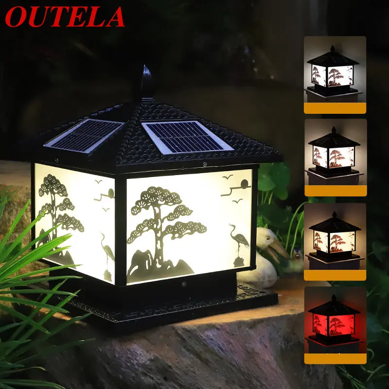 

OUTELA Solar Post Lamp Outdoor Vintage Pine Crane Decor Pillar Light LED Waterproof IP65 for Home Courtyard Porch