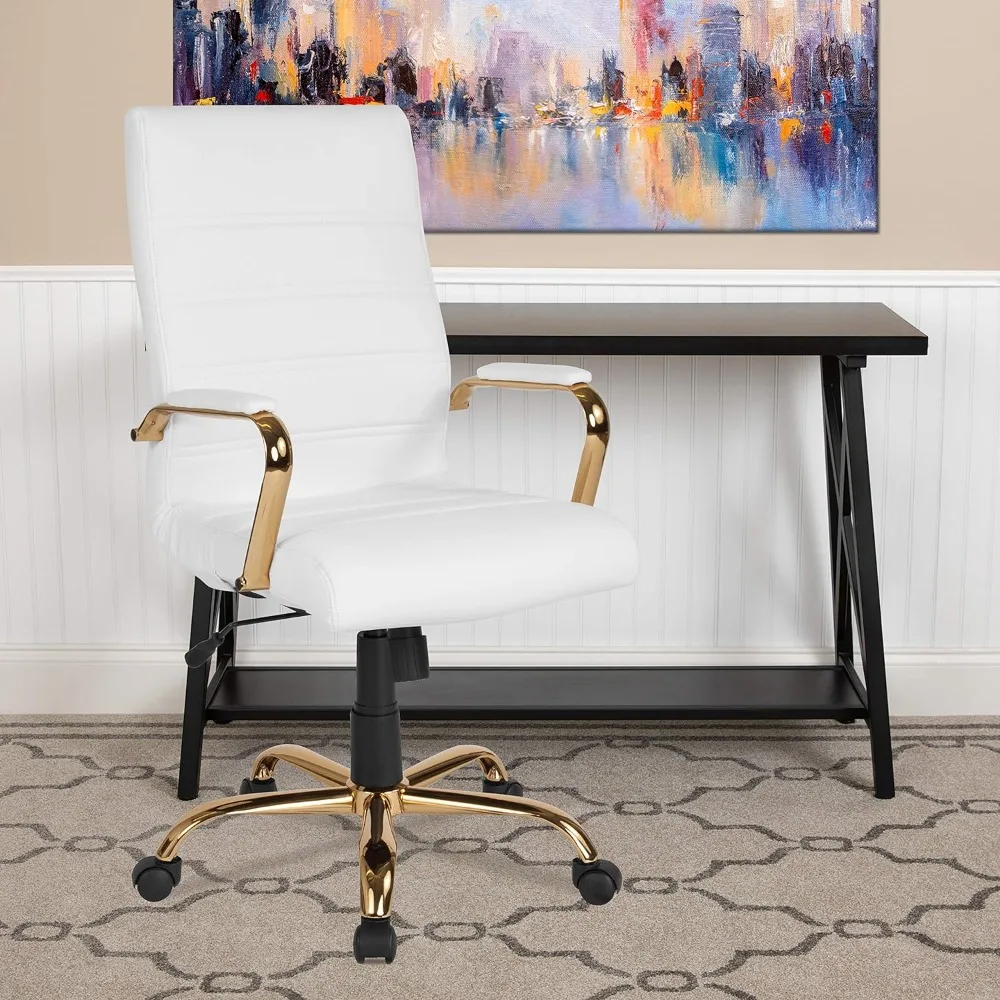 

Office chair with soft swivel backrest with upholstered seat and armrests, height-adjustable upholstered office chair,white/gold