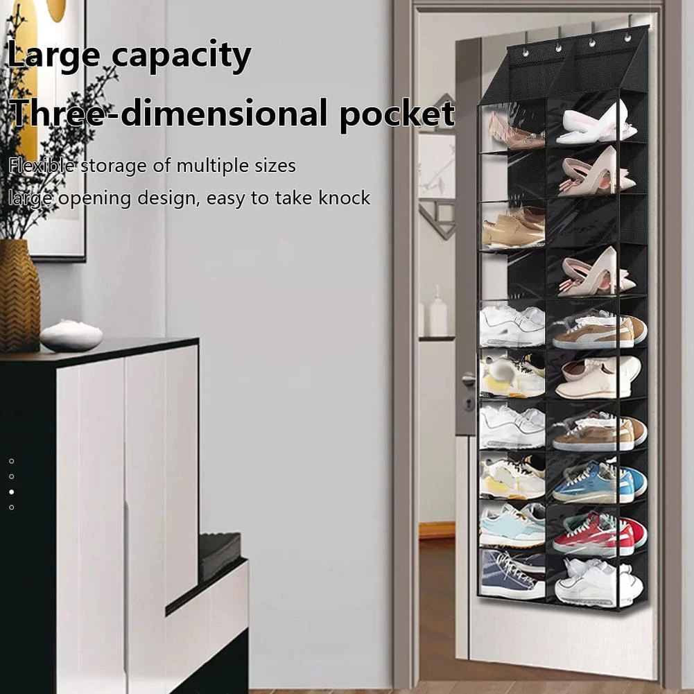 Over The Door Shoe Organizer Oxford Fabric Hanging Shoe Rack With 20 Large Pockets & 4 Metal Hook 10 Layers Clear Shoe Holder 3