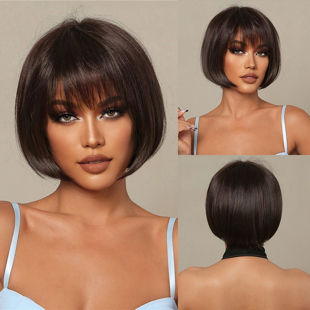Synthetic Blend Wigs Bob Wig 30% Human Hair Blend Synthetic Fiber Women Bob Short Wigs Natural Dark Brown Straight Wig Heat Resistant Daily Use Cosplay Wig