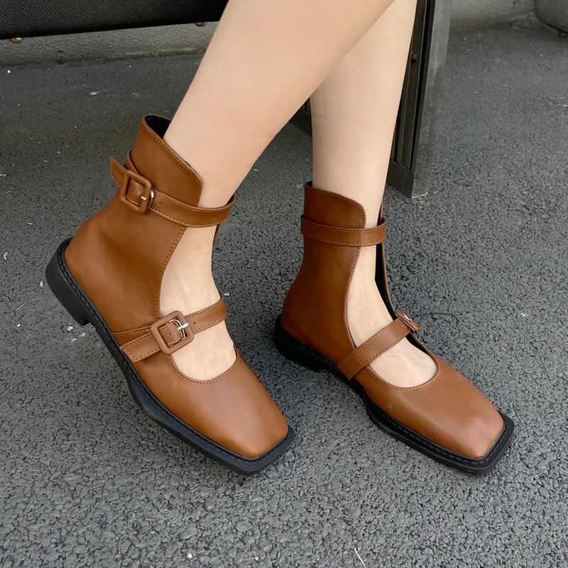 

Black Boots Women Low Heeled Ankle Boots Comfort Square Toe Belt Buckle Autumn Shoes Brown High Heels Bottines Femme