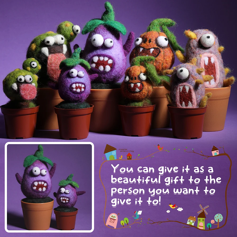 Wool Needle Felting Kit Felt Plant Vegetables Team Monster Kit for Beginner with DIY Needle Felting Supplies and Instruction